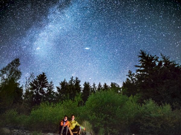 Two people sit together under a starry sky with the Milky Way visible, surrounded by trees and nature.