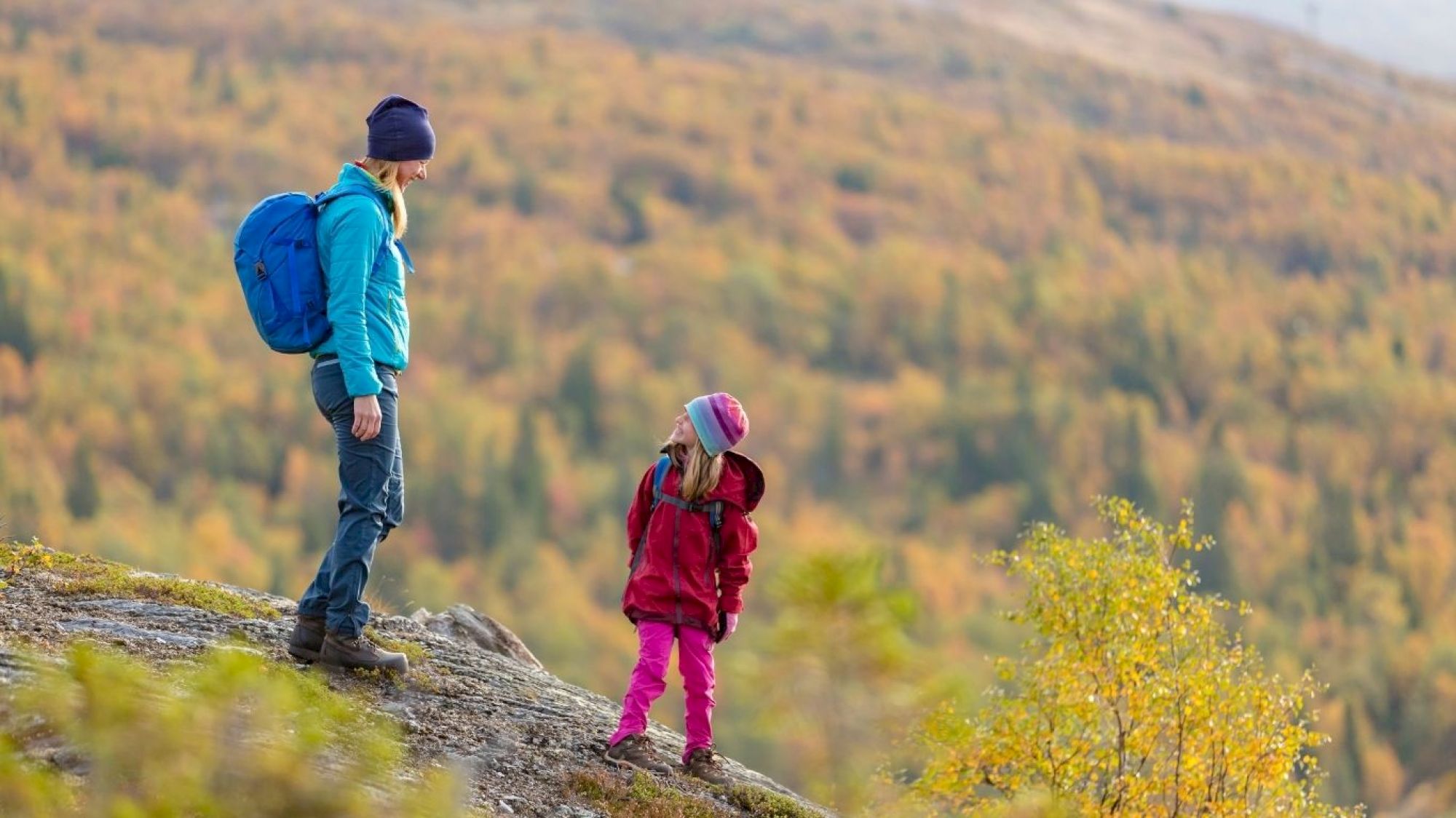 Two people in outdoor attire stand on a hill with a colorful forest in the background, enjoying a nature trek together.